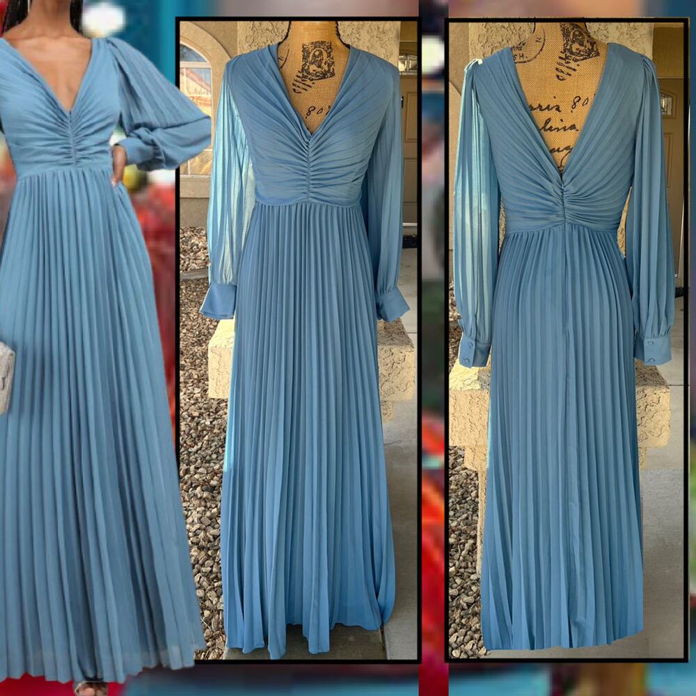 Lulus Slate Blue Pleated Long Sleeve Sophisticated Grace Maxi Dress Size L